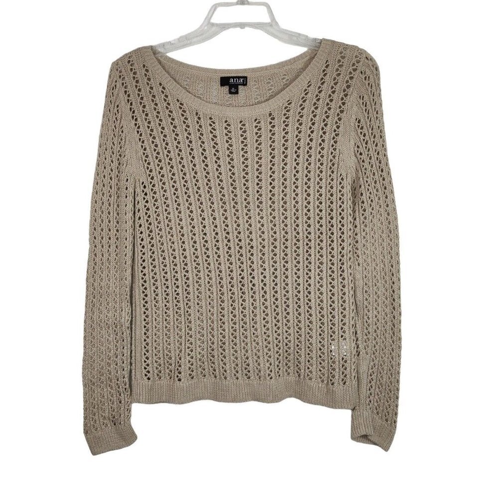 ANA Open Knit Sweater Cotton/Acrylic Women Petite Size PL Tan/Brown Long Sleeve